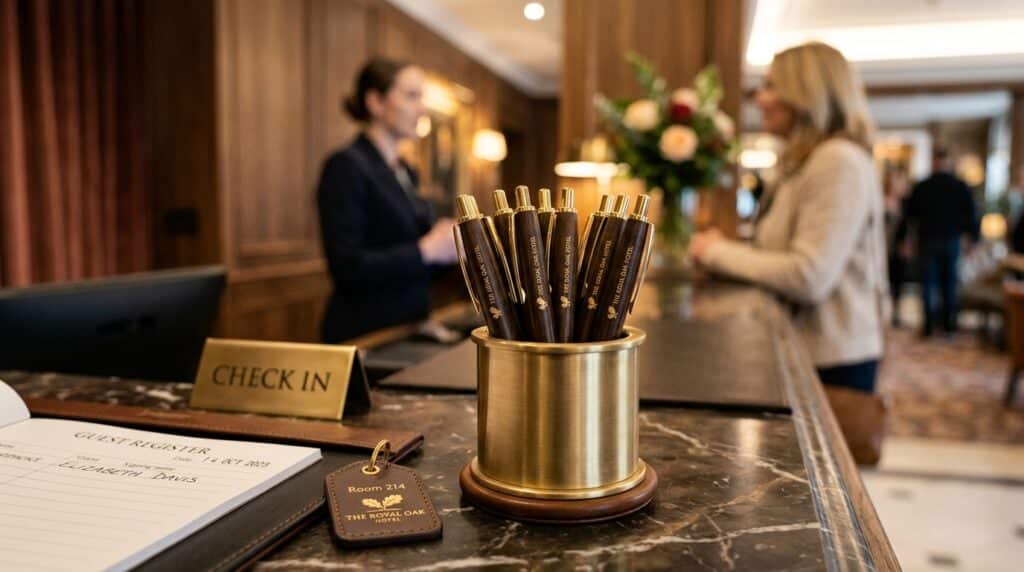 Bolígrafos corporativos en el mostrador de recepción de un hotel