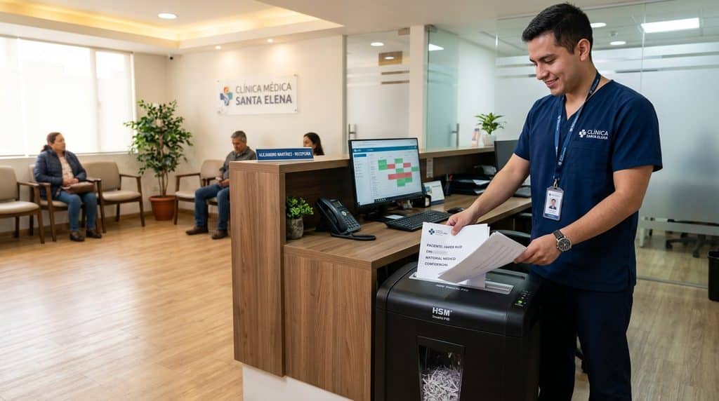 Destructora de papel microcorte destruyendo historiales médicos en clínica