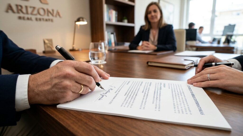 Firma de contrato de arras en inmobiliaria con papel premium