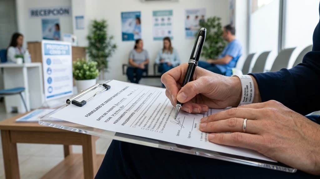 Paciente rellenando formulario de consentimiento en portapapeles de clínica