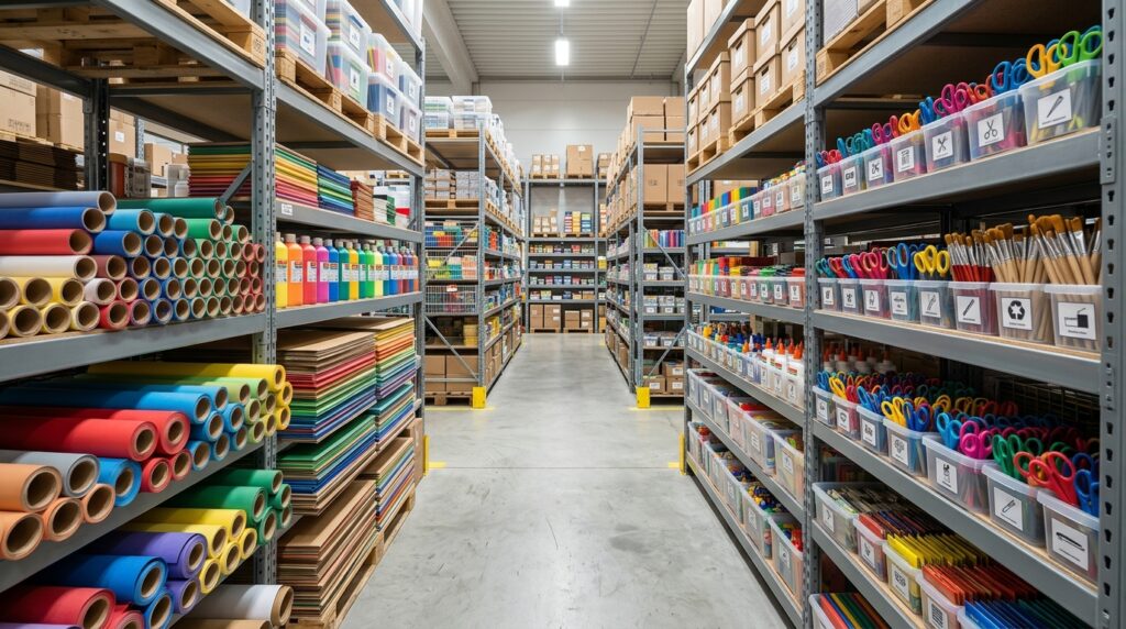 Almacén de material escolar con bobinas de papel cartulinas témperas y suministros de manualidades al por mayor