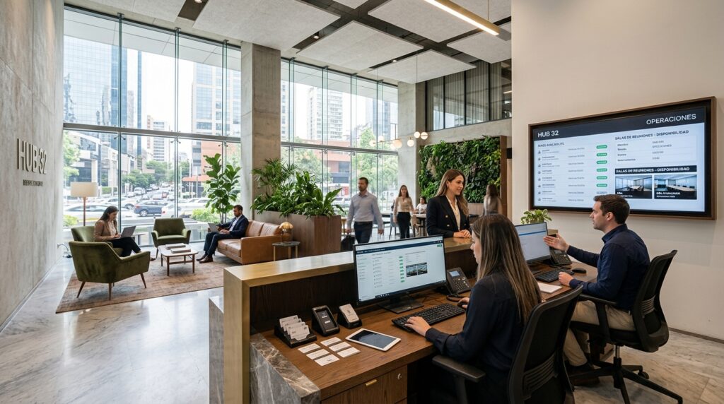 Recepción moderna de coworking con control de recursos