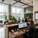 Recepción moderna de coworking con control de recursos