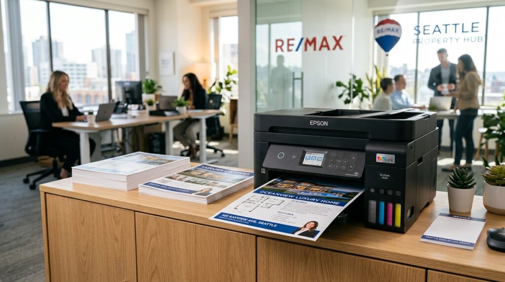 Impresora multifuncional EcoTank con depósitos de tinta continua imprimiendo folletos inmobiliarios a todo color