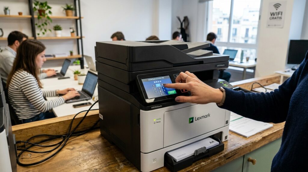 Impresora láser departamental con pantalla táctil para código PIN en coworking