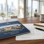 Dossier inmobiliario de lujo junto a planos arquitectónicos y estilográfica en una mesa de reuniones ejecutiva