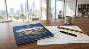 Dossier inmobiliario de lujo junto a planos arquitectónicos y estilográfica en una mesa de reuniones ejecutiva