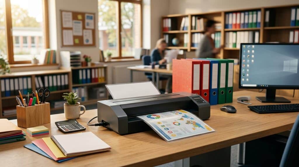 Plastificadora térmica profesional en secretaría de centro educativo para proteger señalética y documentos