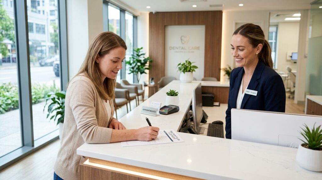 Recepción moderna y luminosa de clínica dental con paciente firmando presupuesto de tratamiento para ahorrar en material de oficina y papelería clínica