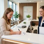 Recepción moderna y luminosa de clínica dental con paciente firmando presupuesto de tratamiento para ahorrar en material de oficina y papelería clínica