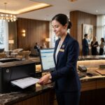 Optimización y Ahorro en Suministros de Recepción de Hotel: Guía B2B para Reducir Costes Operativos Recepcionista en mostrador de hotel moderno imprimiendo facturas y hojas de registro para optimizar costes de material de oficina