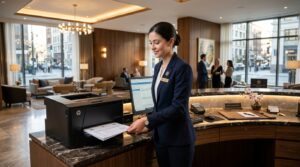 Recepcionista en mostrador de hotel moderno imprimiendo facturas y hojas de registro para optimizar costes de material de oficina