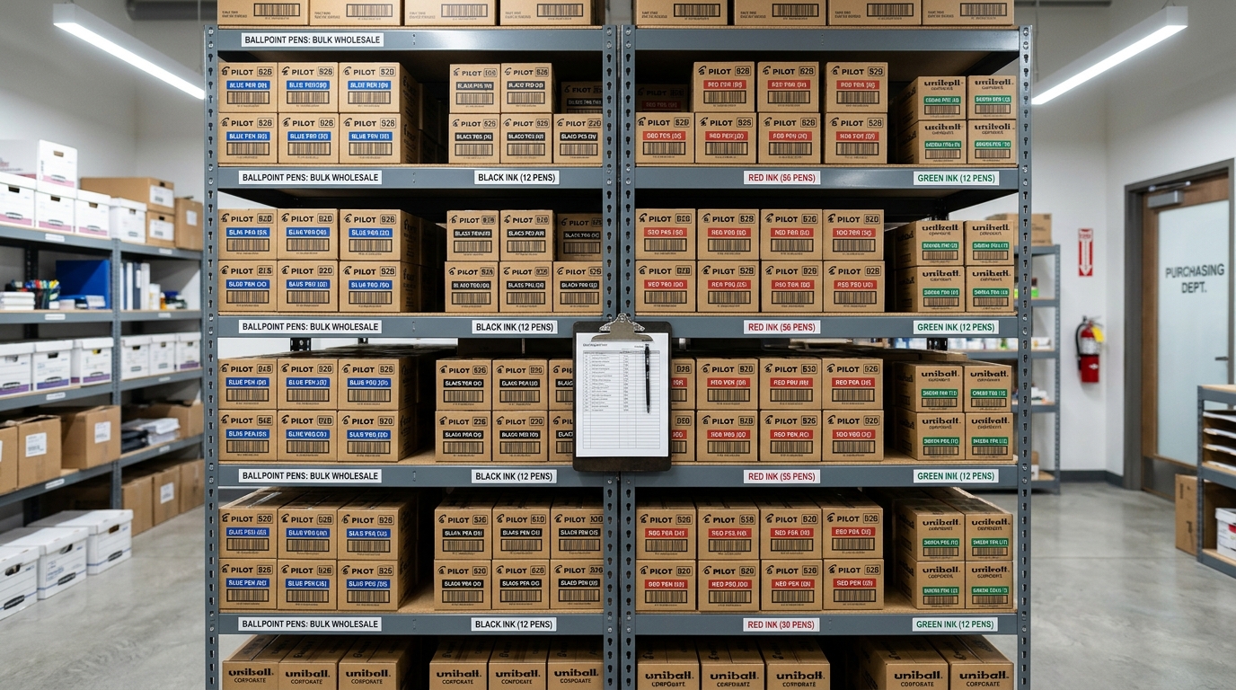 Estantería de almacén corporativo con cajas de bolígrafos de 50 y 12 unidades organizadas para control de inventario B2B