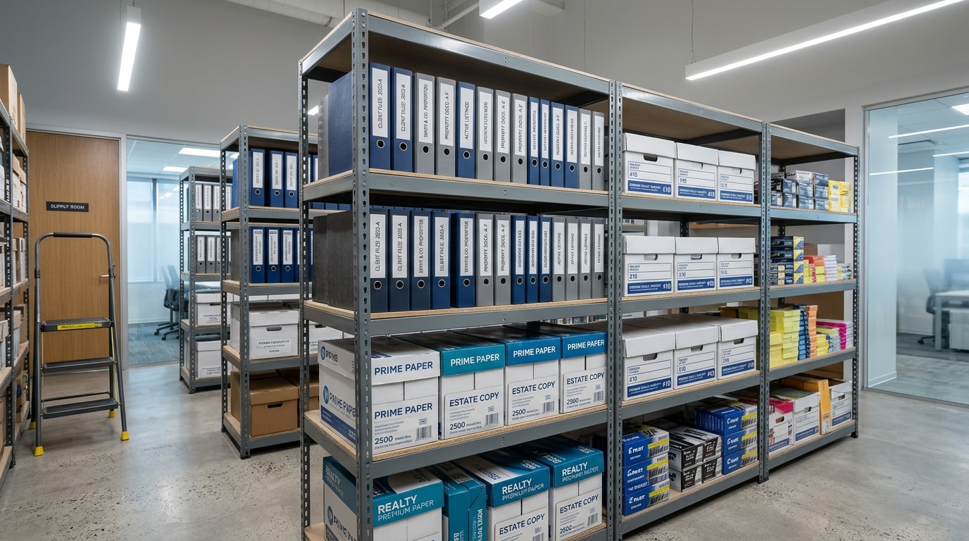 Armario de suministros de agencia inmobiliaria con archivadores de expedientes, cajas de papel y material de oficina organizado