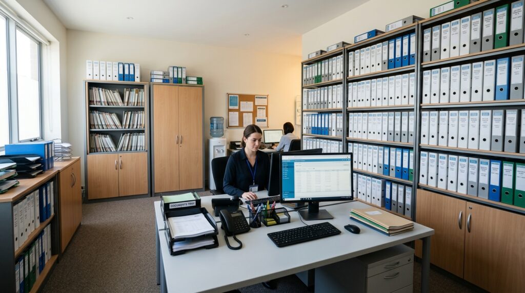Back-office administrativo de clínica con estanterías repletas de archivadores de palanca para expedientes e historiales médicos en papel estándar