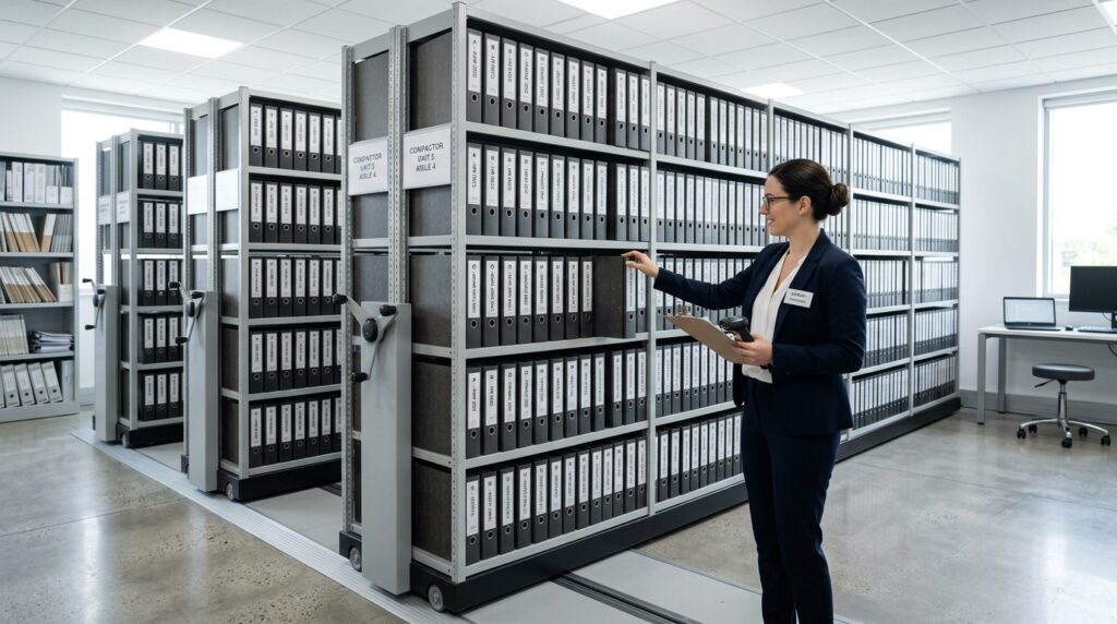 Sistema de archivo compacto con archivadores AZ de palanca organizados para optimizar espacio documental en administración hotelera