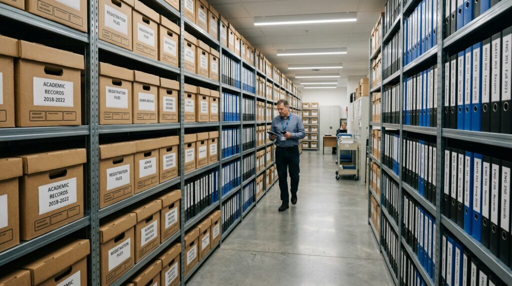 Archivo escolar organizado con cajas de archivo definitivo de canal doble y archivadores para custodiar expedientes de alumnos