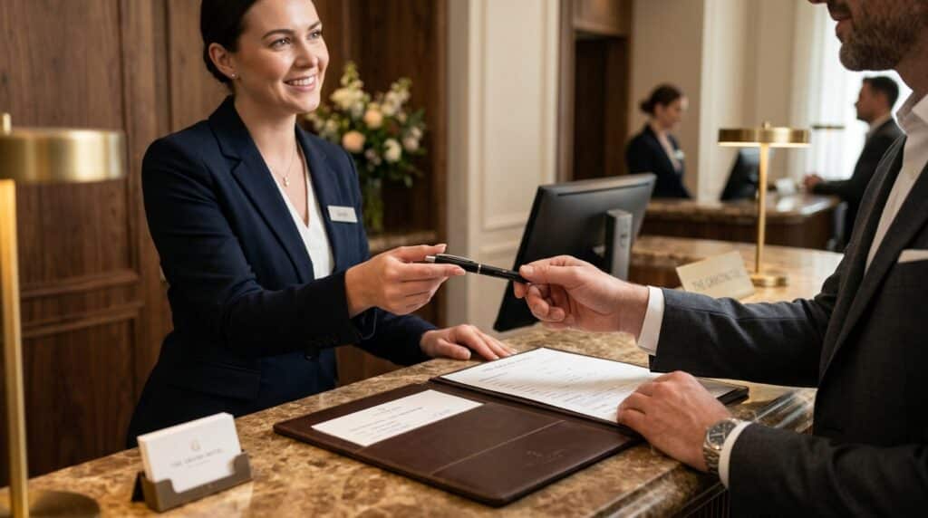 Recepcionista entregando un bolígrafo corporativo retráctil sobre portafolios de piel para la firma de check-in en hotel