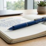 Bolígrafo borrable Pilot FriXion sobre cuaderno de oficina con goma integrada de fricción térmica
