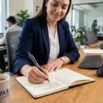 Bolígrafos Ergonómicos: Cómo Evitar la Tendinitis y la Fatiga Muscular en la Oficina Empleada de oficina escribiendo con bolígrafo ergonómico con empuñadura de caucho en escritorio moderno