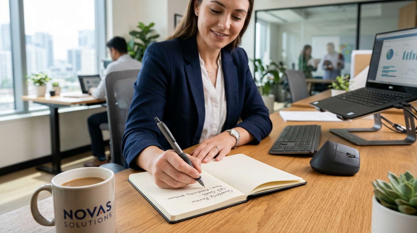 Empleada de oficina escribiendo con bolígrafo ergonómico con empuñadura de caucho en escritorio moderno