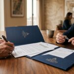 Bolígrafos para Firma de Contratos y Documentos Legales: Norma ISO 12757-2 Acto formal de firma de contrato sobre carpeta de piel con bolígrafo ejecutivo de tinta indeleble y papel notarial