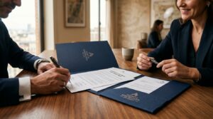 Acto formal de firma de contrato sobre carpeta de piel con bolígrafo ejecutivo de tinta indeleble y papel notarial