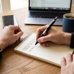Persona zurda redactando cómodamente con bolígrafo ergonómico técnico sobre cuaderno de espiral superior en oficina moderna