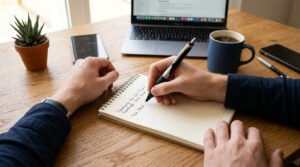 Persona zurda redactando cómodamente con bolígrafo ergonómico técnico sobre cuaderno de espiral superior en oficina moderna