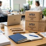 Cajas de bolígrafos de oficina apiladas para aprovisionamiento corporativo mayorista en departamentos de compras
