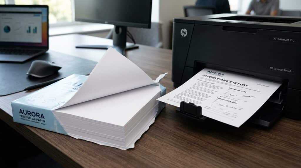 Comparativa de textura y blancura de papel A4 saliendo de impresora láser multifunción de oficina