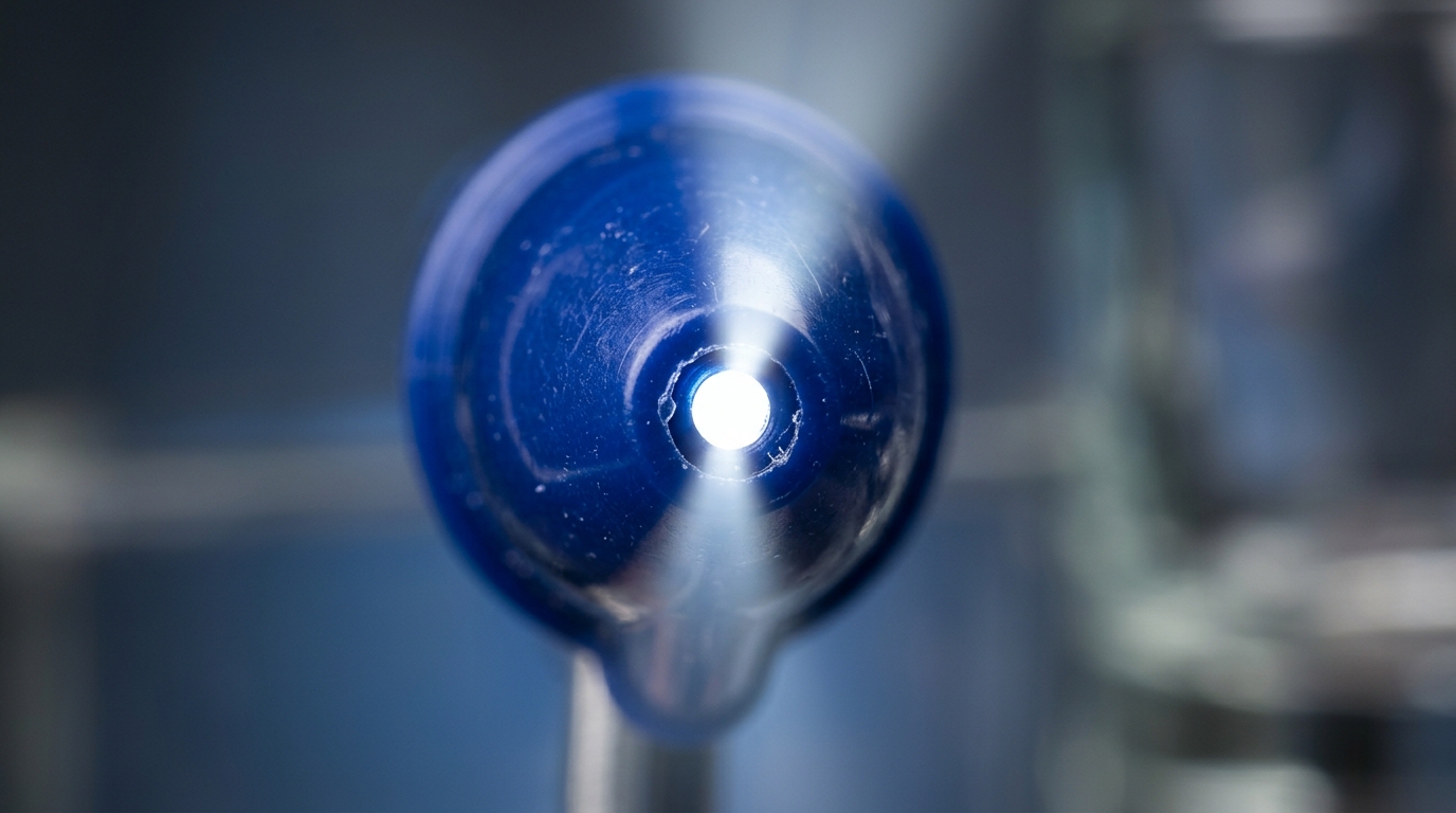 Detalle macro del orificio de ventilación en el capuchón de un bolígrafo Bic atravesado por un haz de luz