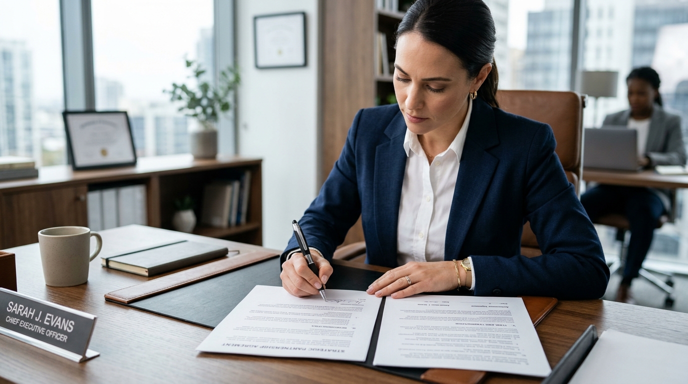 Profesional de oficina escribiendo en documento administrativo con bolígrafo ergonómico con empuñadura de caucho