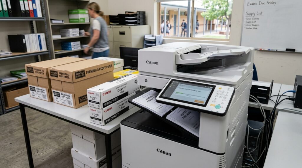Impresora láser de centro educativo produciendo exámenes y circulares con tóner compatible de alta capacidad y papel eficiente