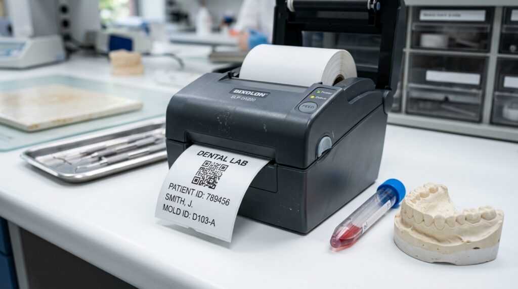 Impresora térmica compacta de sobremesa imprimiendo etiqueta de código para tubo de muestra y molde dental en clínica