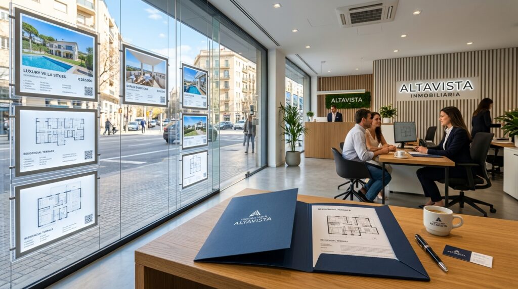 Agencia inmobiliaria moderna con escaparate de paneles LED y mostrador de atención con carpetas corporativas y material de oficina B2B
