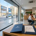 Errores frecuentes al comprar material de oficina en agencias inmobiliarias Agencia inmobiliaria moderna con escaparate de paneles LED y mostrador de atención con carpetas corporativas y material de oficina B2B