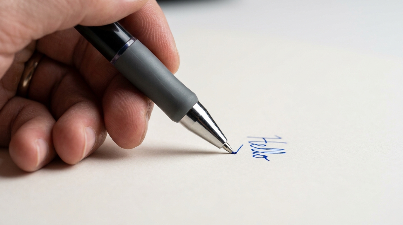 Primer plano macro de mano izquierda sujetando bolígrafo ergonómico con empuñadura de caucho en ángulo de 45 grados sobre papel