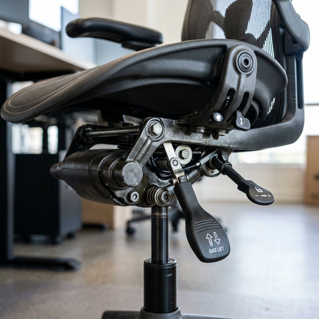 Detalle del mecanismo sincronizado debajo del asiento de una silla de oficina