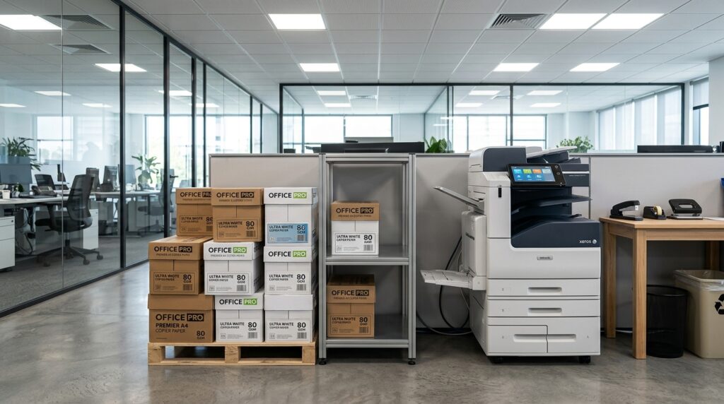 Cajas de resmas de papel de oficina A4 apiladas sobre palet en sala de impresión corporativa