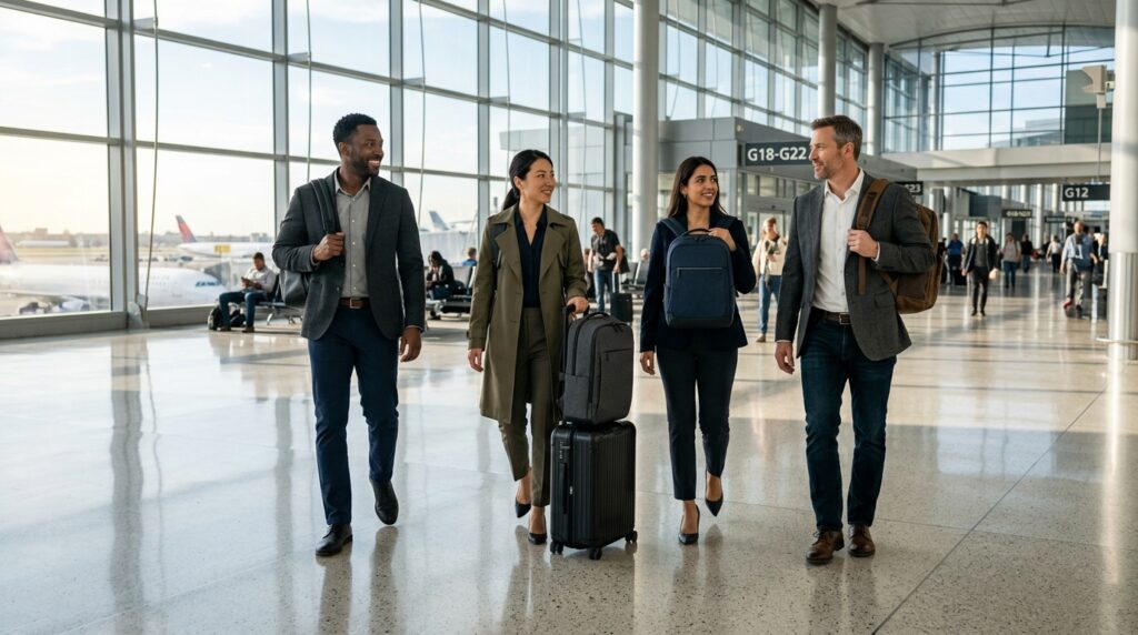 Equipo comercial corporativo con mochilas ejecutivas para portátil y equipaje de mano en la terminal de un aeropuerto