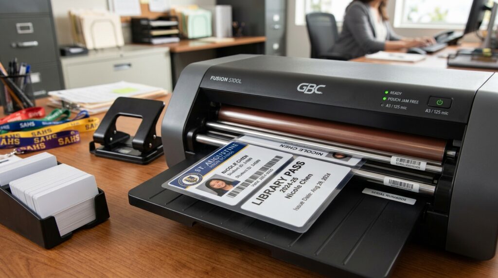 Plastificadora térmica profesional de oficina laminando carnets escolares de alta resistencia para secretaría de colegio