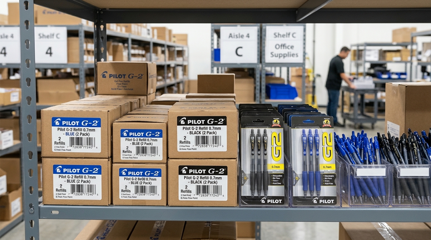 Cajas de recambios originales de bolígrafo Pilot G-2 organizadas en estantería de almacén corporativo