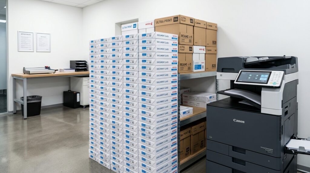 Paquetes de resmas de papel de fotocopiadora A4 organizados en estantería junto a impresora profesional