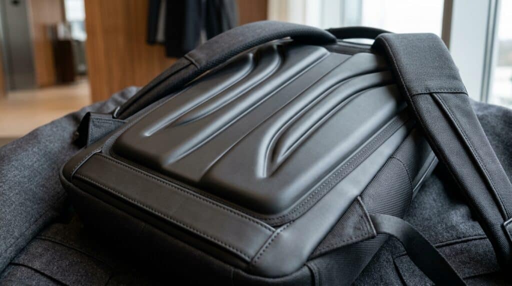 Detalle del panel trasero termoformado liso de mochila ejecutiva protegiendo el tejido de un traje formal sin rozaduras