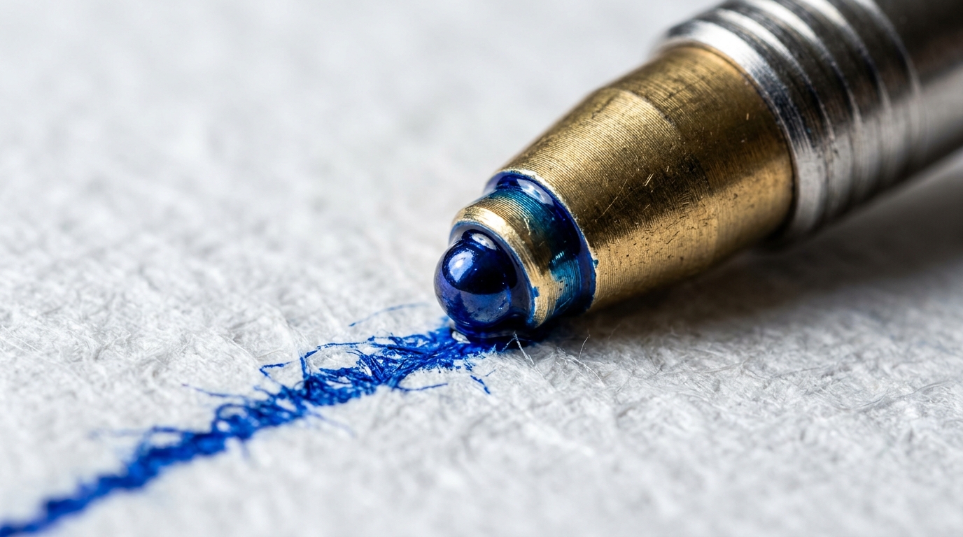Detalle macro de la punta con microesfera de carburo de tungsteno y sellado de tinta en bolígrafo tradicional