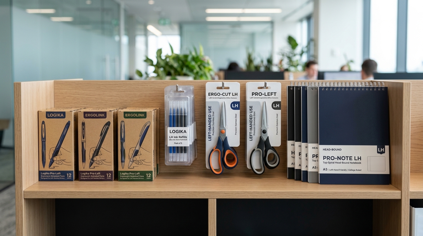 Lote de cajas de bolígrafos ergonómicos y paquetes de recambios organizados en estantería de suministros corporativos para empresas