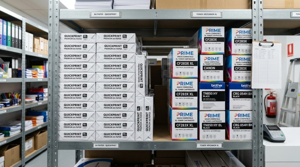 Estantería de back-office con cajas de tóners compatibles XL y paquetes de folios A4 apilados para reducir costes de impresión en hotel